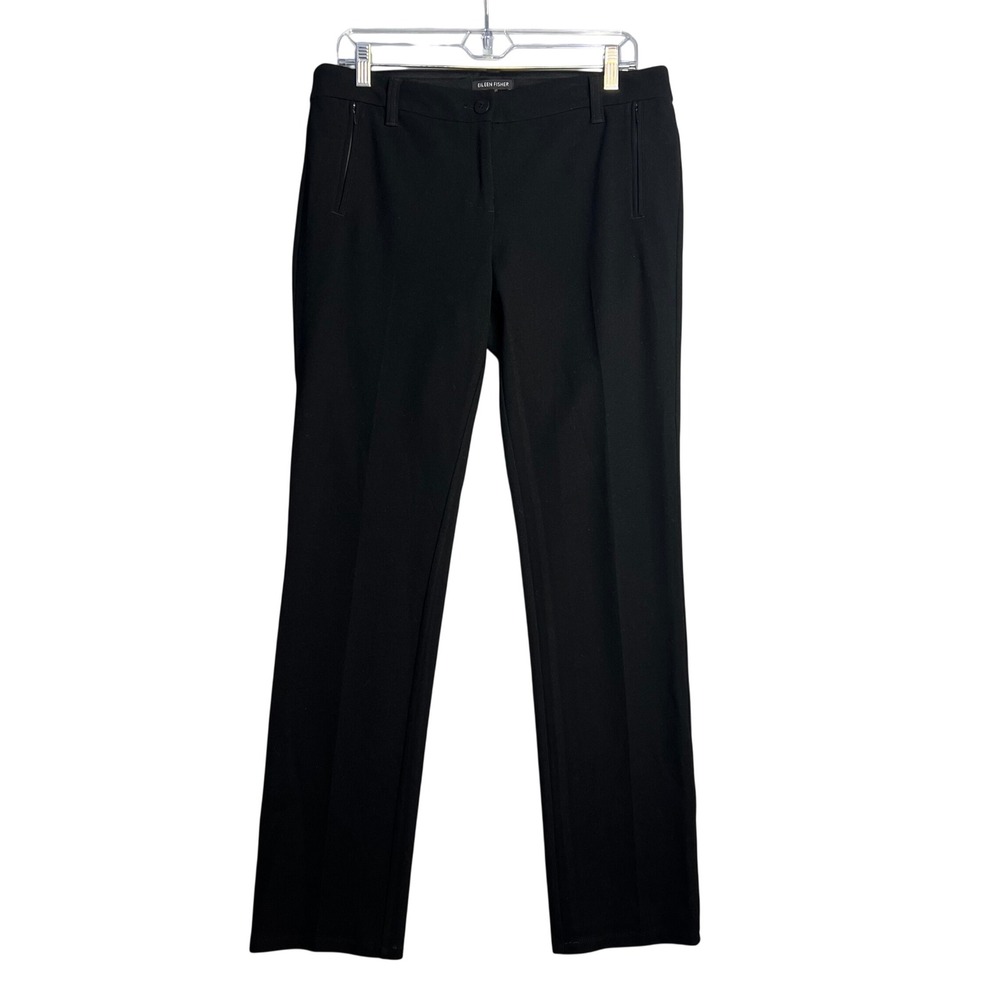 Eileen Fisher Stretch Knit Straight Leg‎ Pants Size 10 Black Zipper Pockets